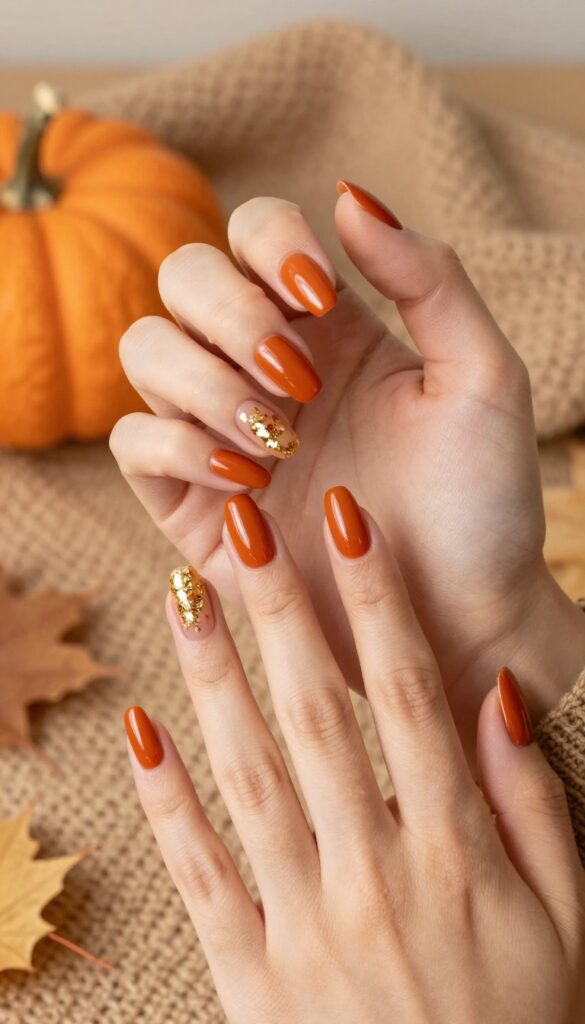 Burnt orange almond nails with gold foil accents in a cozy fall setting