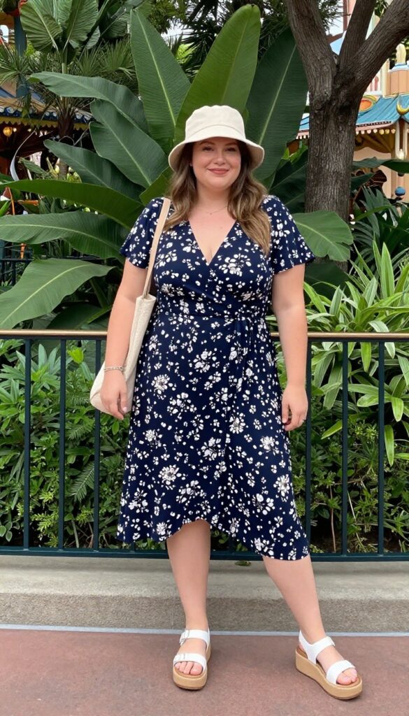 9. Wrap Dress + Platform Sandals + Bucket Hat