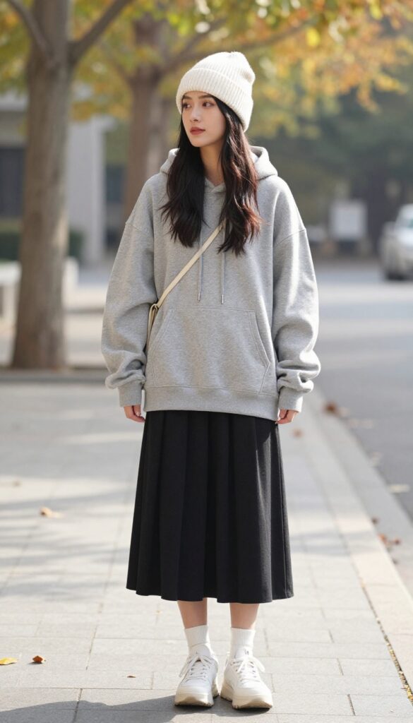 3. Oversized Hoodie with Pleated Skirt and Sneakers