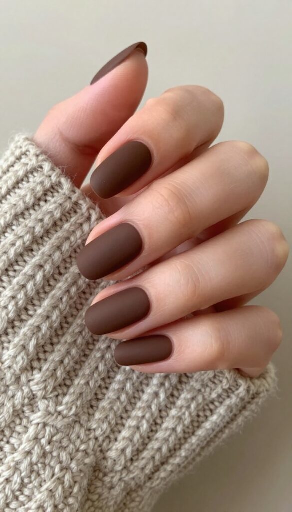 Short almond nails in matte espresso brown on a hand resting on a cozy sweater.