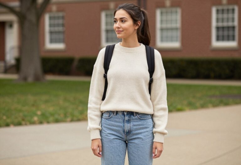 Woman in cream sweater and light wash jeans standing on a college campus with a backpack