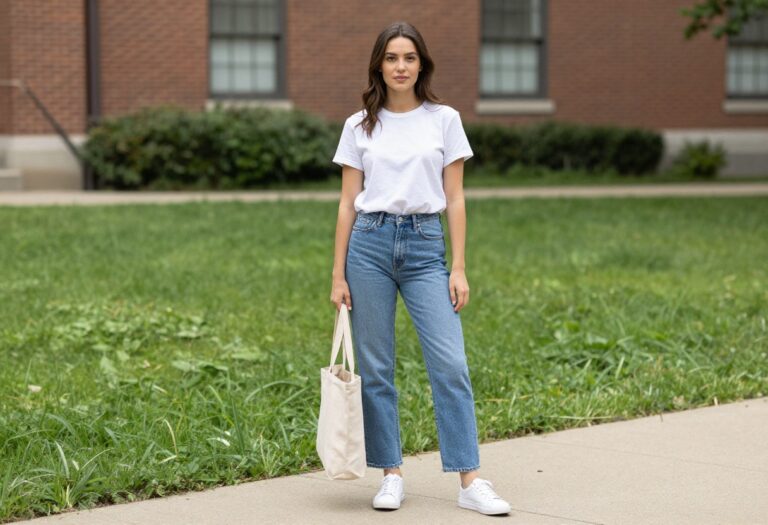Young woman in casual college outfit with jeans, white tee, and sneakers on campus