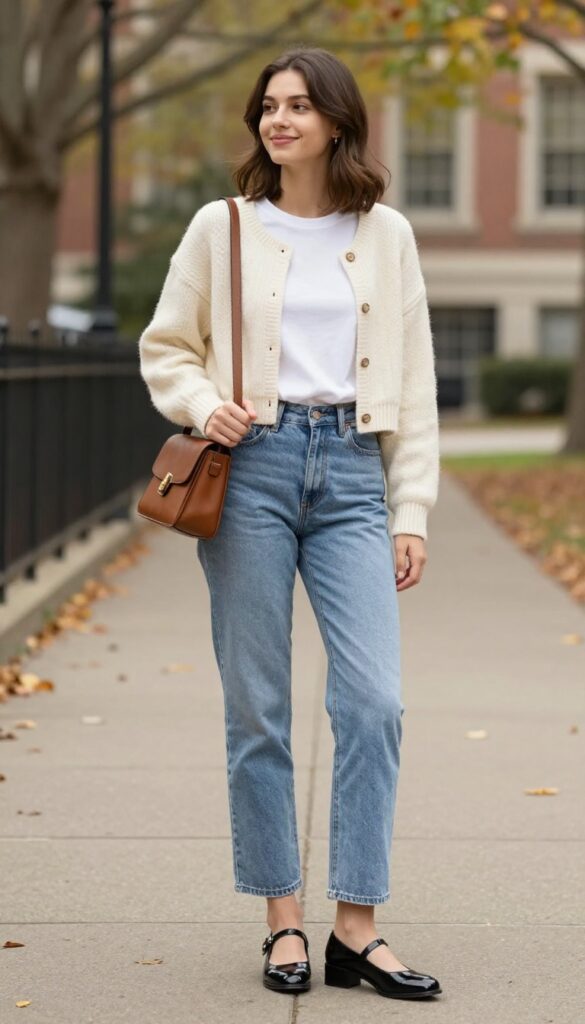 7. Crop Cardigan with High-Waisted Jeans and Mary Janes