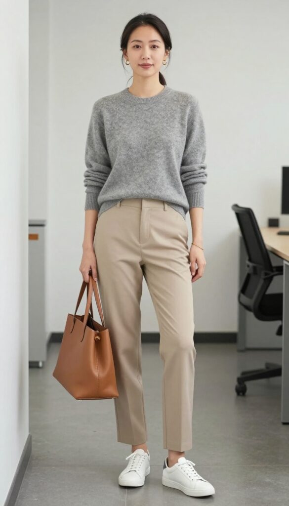 6. Cashmere Sweater + Straight-Leg Pants + White Sneakers