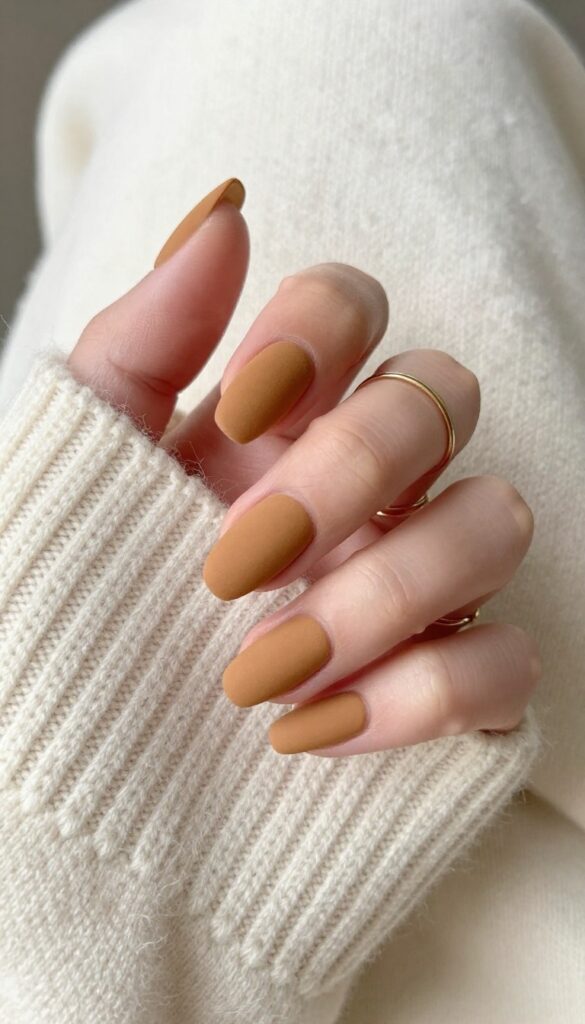 Short almond nails in camel suede matte finish on a woman's hand resting on a cream knit sweater with a gold ring.