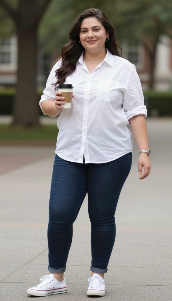 7. Button-Down Shirt + Straight-Leg Jeans + Slip-On Sneakers