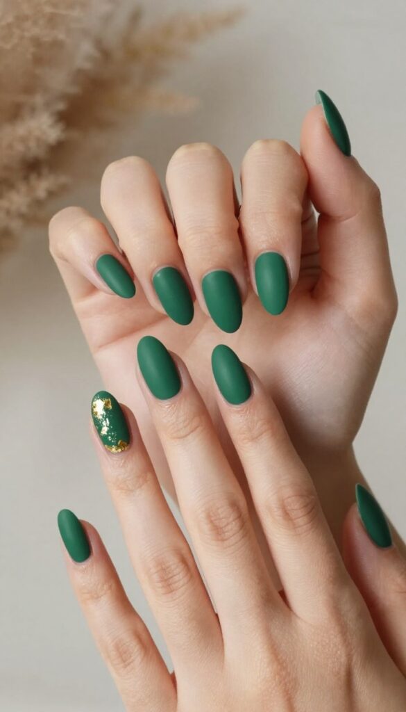 Matte emerald nails with gold foil accent on ring finger