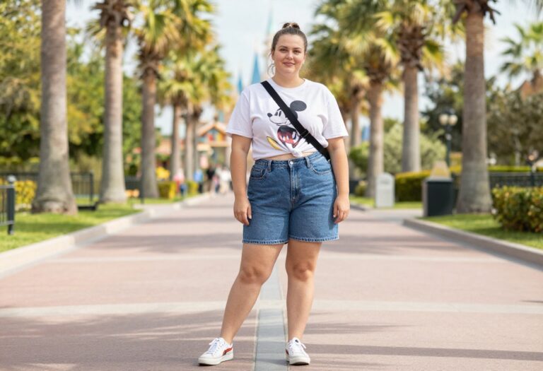 Plus size woman in denim shorts and graphic tee at Disney World