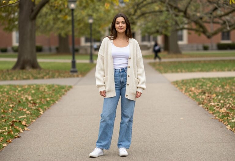 Young woman in cozy layered school outfit with cardigan and wide-leg jeans on campus