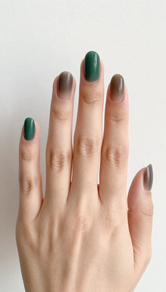 Mossy ombre nails with matte finish in green and brown gradient