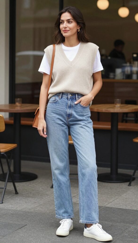 10. Knit Vest + White Tee + Wide-Leg Jeans