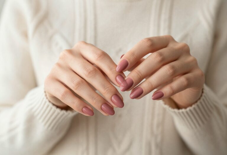 Short almond nails in dusty rose matte finish on a woman wearing a cozy sweater