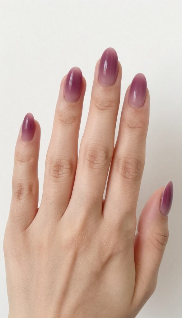 Almond nails with smoky plum ombré gradient and matte finish