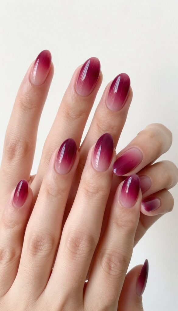 Plum-berry ombré nails on almond shape with glossy finish
