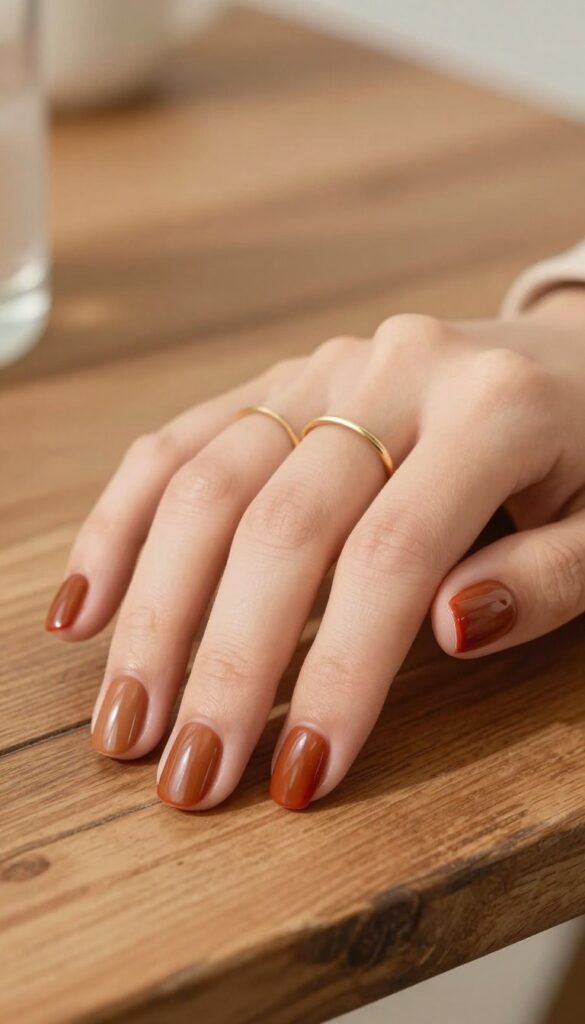 Short square nails in cinnamon spice glossy finish with gold ring