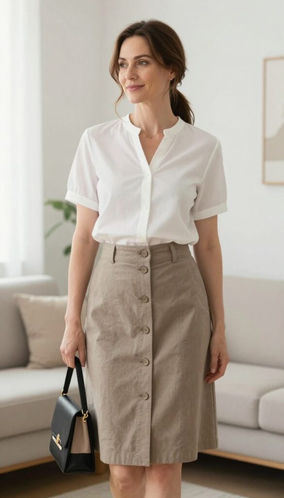 5. Button-Front Skirt + Simple Blouse + Ballet Flats