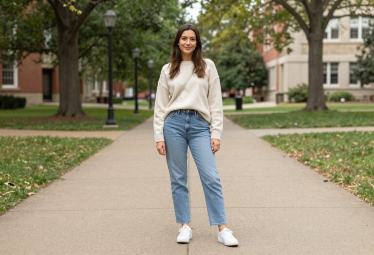 Young woman in cream sweater and light-wash jeans on campus