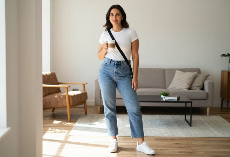 Confident woman with mom bod wearing high-waisted jeans and white tee in a bright living room