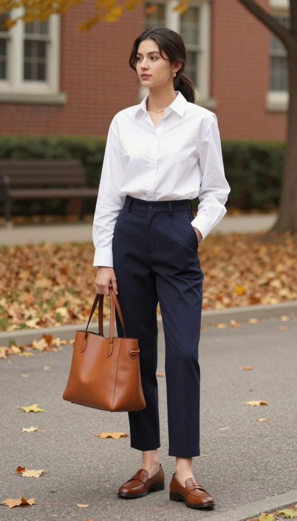3. Button-Down Shirt + High-Waisted Trousers + Loafers