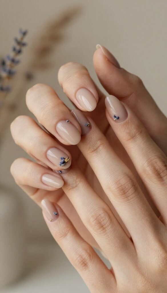 Dried lavender accent nails with sheer milky base and matte finish