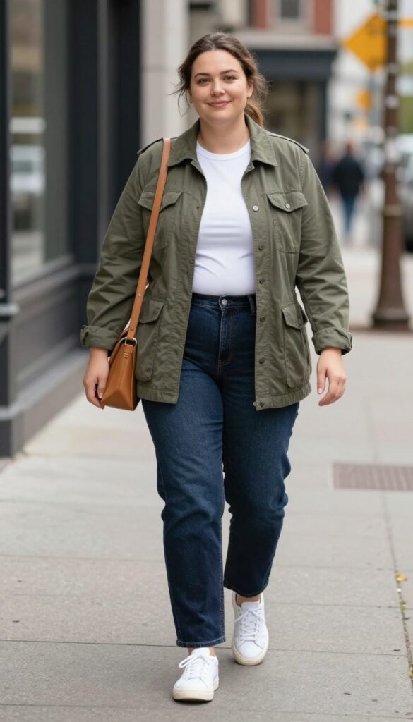 1. Olive Utility Jacket + White Tee + Straight-Leg Jeans