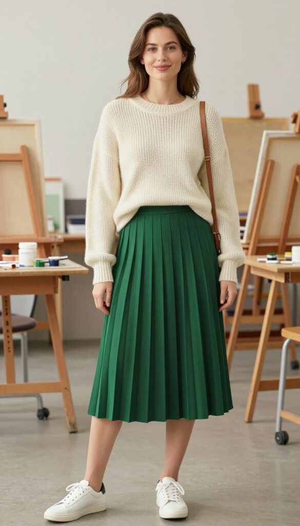 10. Pullover Sweater + Pleated Midi Skirt + White Sneakers