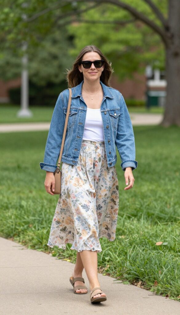 3. Denim Jacket and Midi Skirt