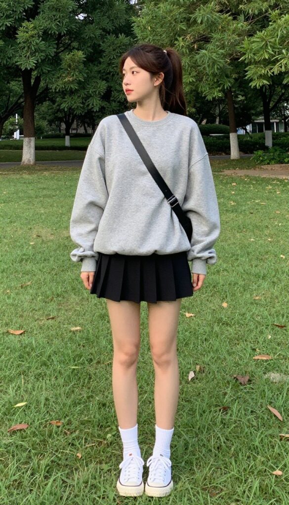 6. Sweatshirt with a Pleated Skirt and Sneakers