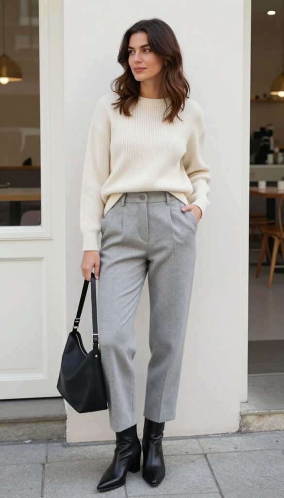10. Ribbed Knit Top with High-Waisted Slacks