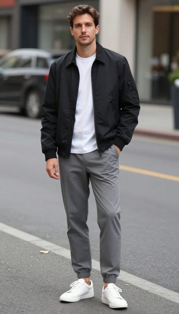 3. Grey Joggers and a Bomber Jacket