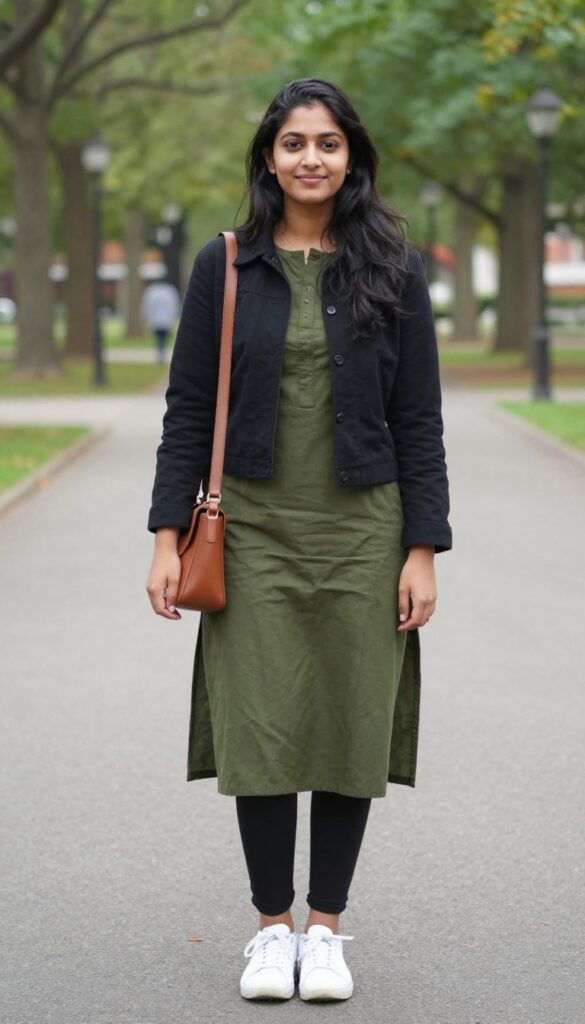 9. Long Kurta with Leggings and a Midi Jacket