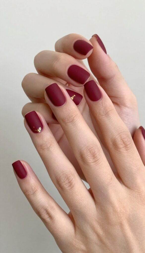 Short square nails with matte merlot polish and gold foil accents on ring finger and thumb