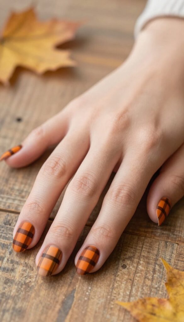 Pumpkin patch plaid nail design with matte finish in orange and brown