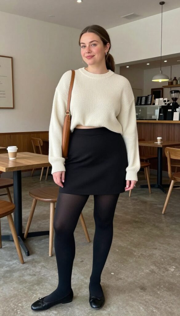 4. Cropped Sweater + High-Waisted A-Line Skirt + Tights