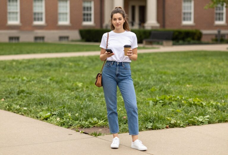 Young woman in casual school outfit with white tee, blue jeans, and sneakers on college campus