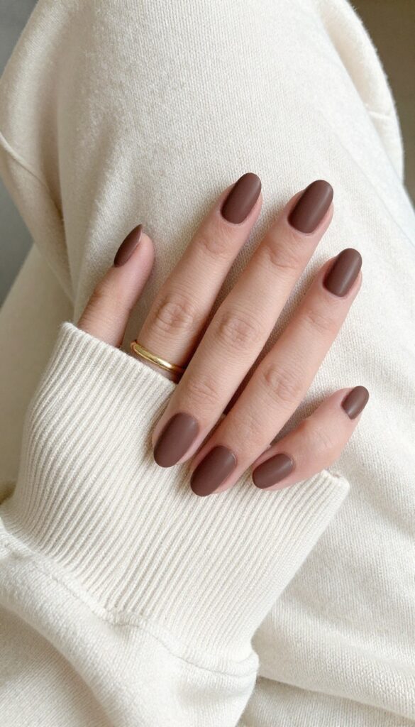 Matte chocolate brown nails with a velvety finish on a woman's hand resting on a sweater