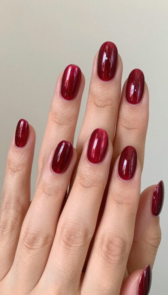Burgundy chrome nails with metallic finish on almond-shaped nails
