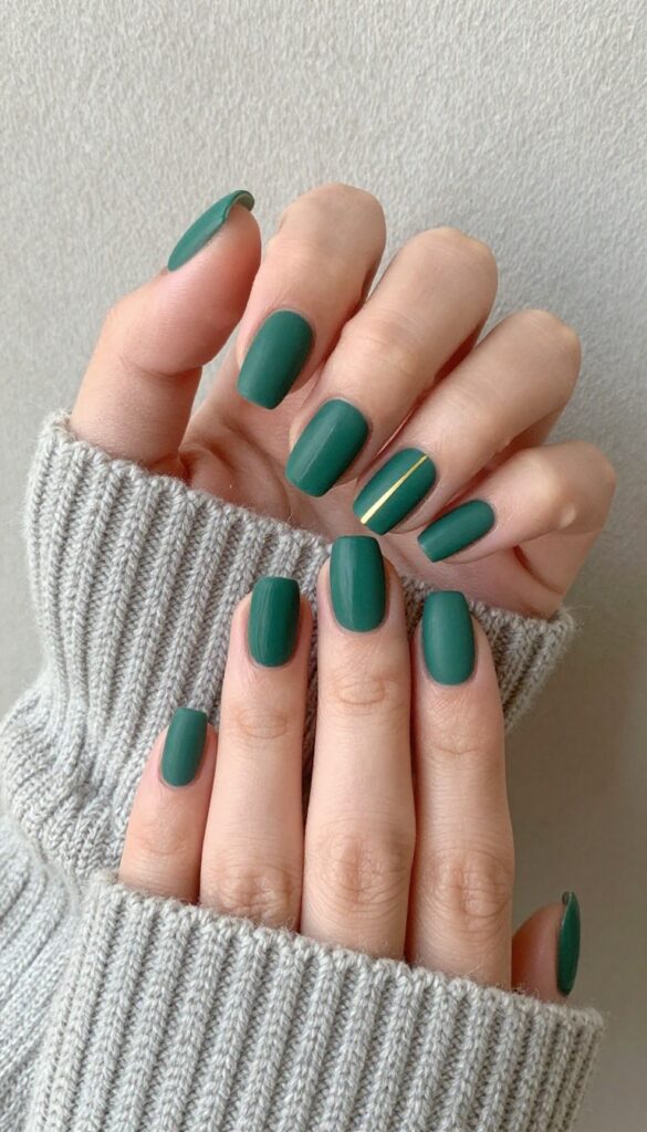 Matte emerald green nails with gold accent stripe on almond shape