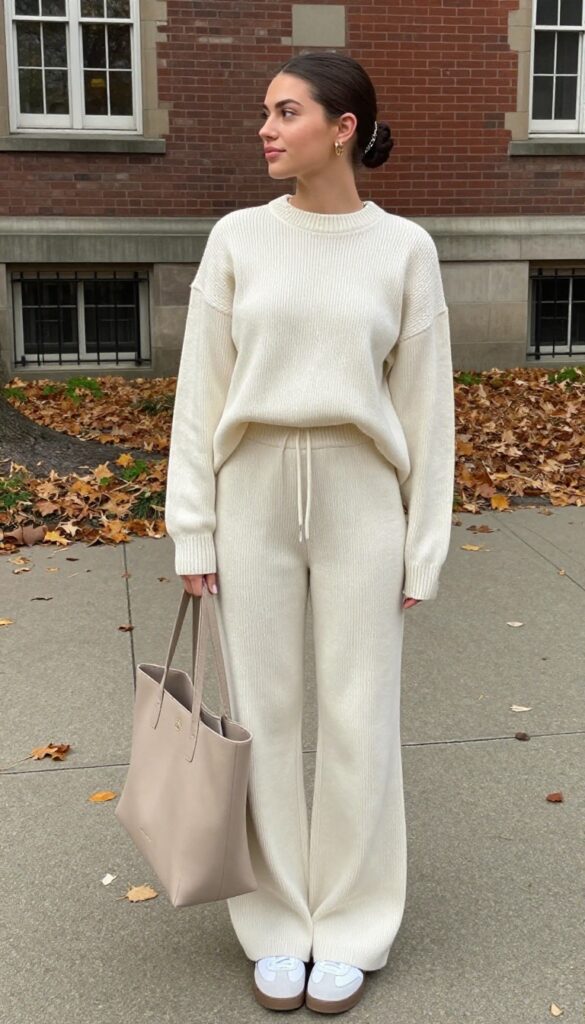 1. Cream Knit Set with White Sneakers
