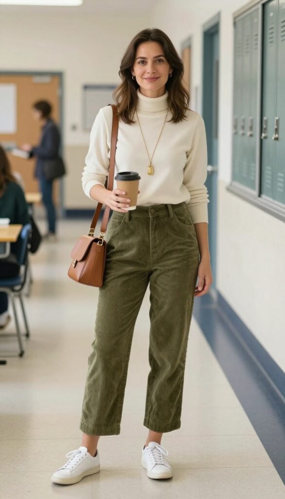 4. Turtleneck with Corduroy Pants and a Long Necklace