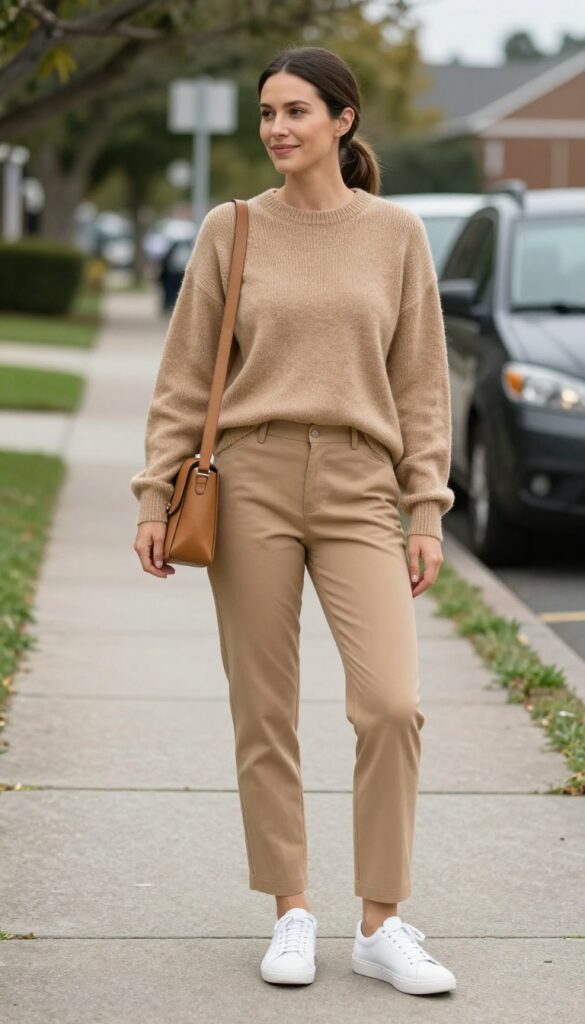 14. Effortless Monochrome: Head-to-Toe Olive or Camel + White Sneakers
