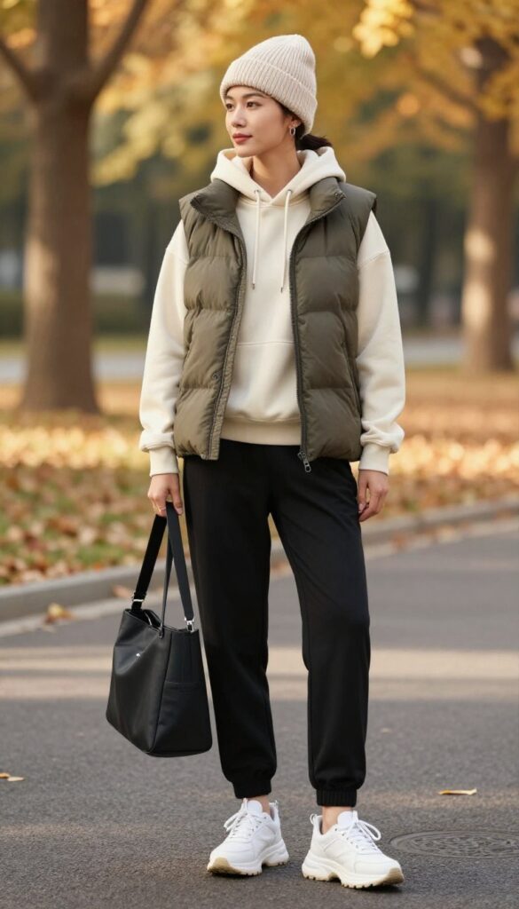 10. Puffer Vest + Hoodie + Joggers + Chunky Sneakers