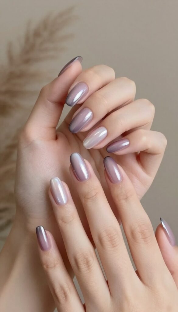 Smoky plum chrome nails with a futuristic mirror finish in a medium almond shape