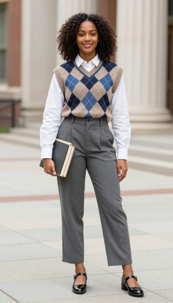 7. Sweater Vest + Button-Up + Pleated Trousers