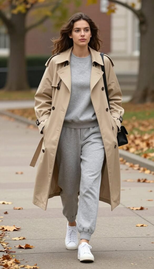10. Matching Sweatsuit with a Trench Coat and White Sneakers