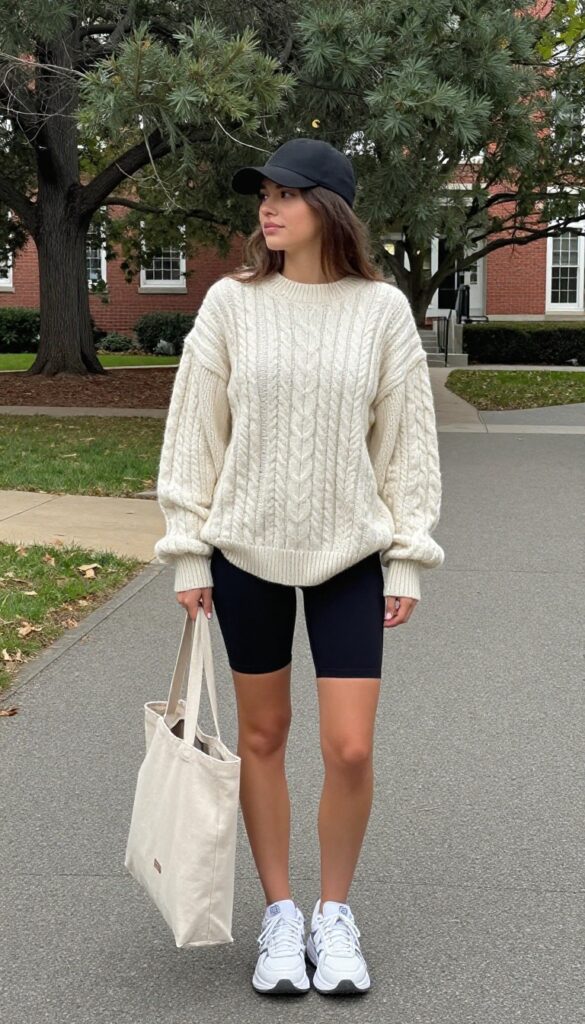 3. Oversized Sweater with Biker Shorts and Sneakers
