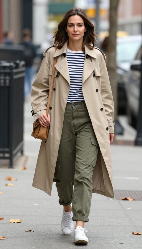 10. Trench Coat + Striped Breton Top + Cargo Pants + White Sneakers
