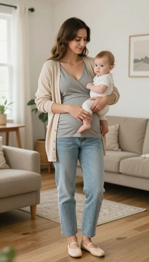 10. Cardigan + Nursing-Friendly Top + Maternity Jeans + Flats