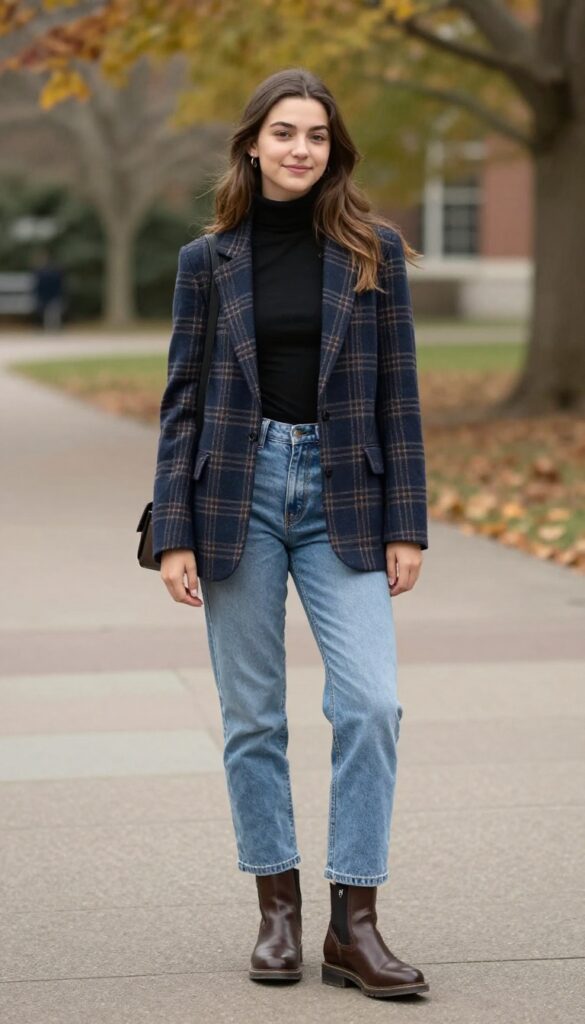 6. Turtleneck + Plaid Blazer + Mom Jeans