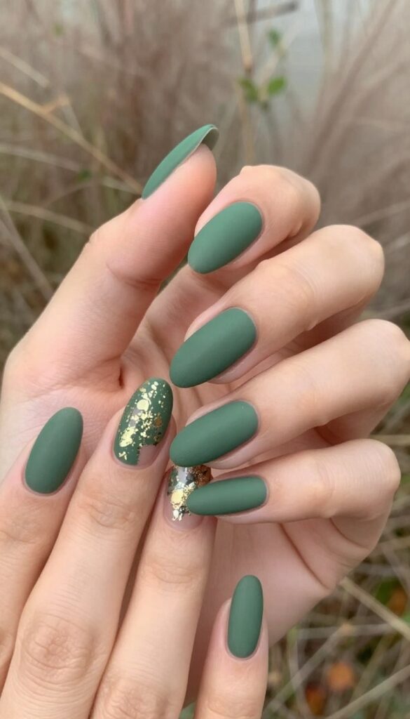 Mossy green matte stiletto nails with gold foil accent, earthy autumn manicure